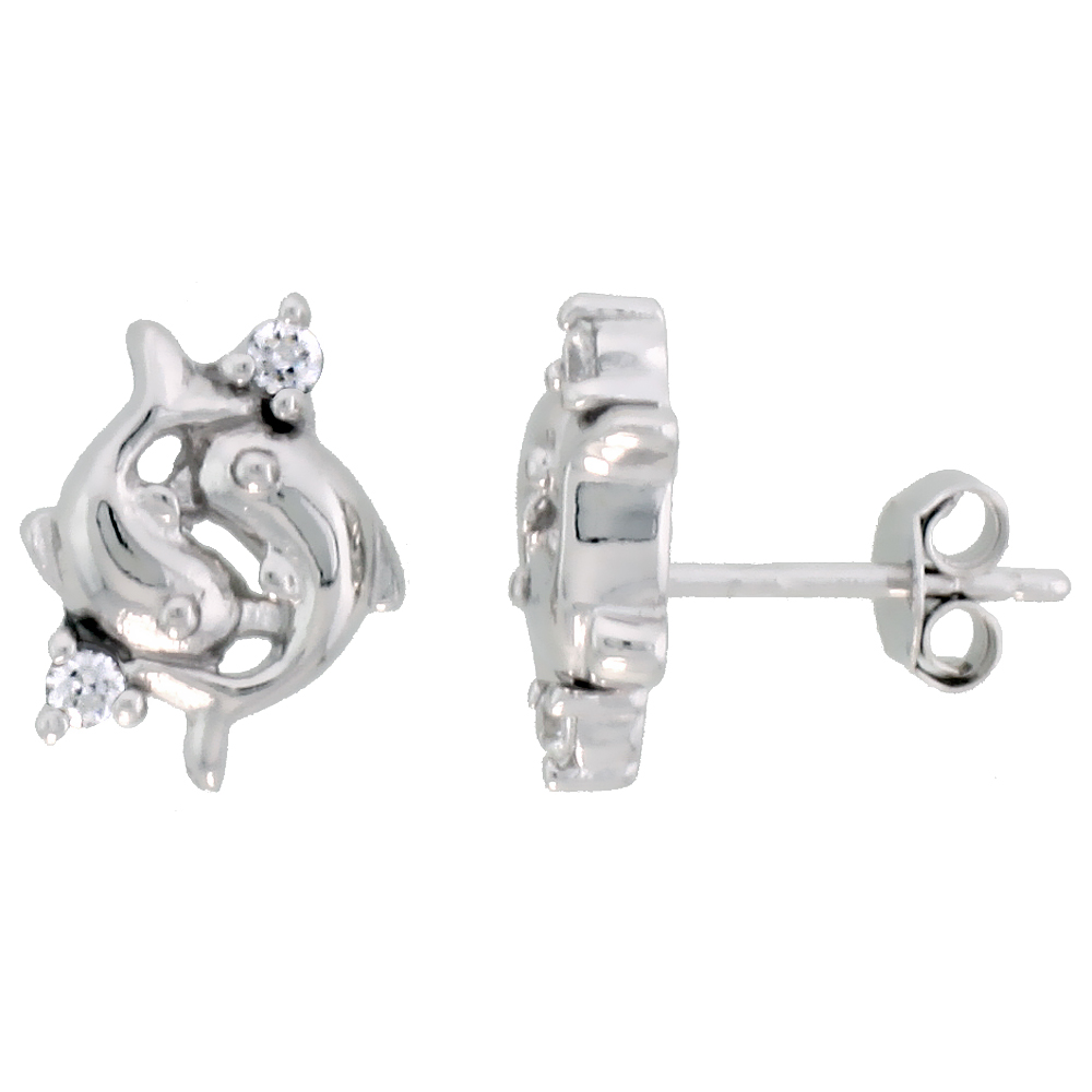 STERLING SILVER JEWELED DOLPHIN POST EARRINGS, W/ CUBIC ZIRCONIA STONES, 7/16" (12 MM)