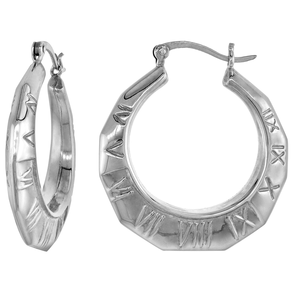 STERLING SILVER LARGE ROMAN NUMERALS HOOP EARRINGS FOR WOMEN CLICK TOP HIGH POLISHED 1 1/8 INCH