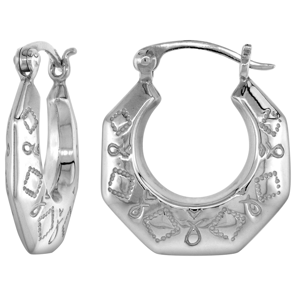 STERLING SILVER SMALL SQUARES & CHRISTIAN FISH HOOP EARRINGS FOR WOMEN CLICK TOP HIGH POLISHED 3/4 INCH