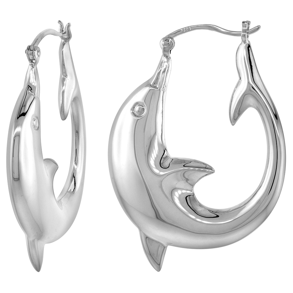 STERLING SILVER LARGE DOLPHIN HOOP EARRINGS FOR WOMEN CLICK TOP HIGH POLISHED 1 3/8 INCH
