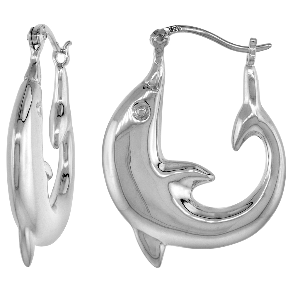 STERLING SILVER MEDIUM DOLPHIN HOOP EARRINGS FOR WOMEN CLICK TOP HIGH POLISHED 1 1/8 INCH