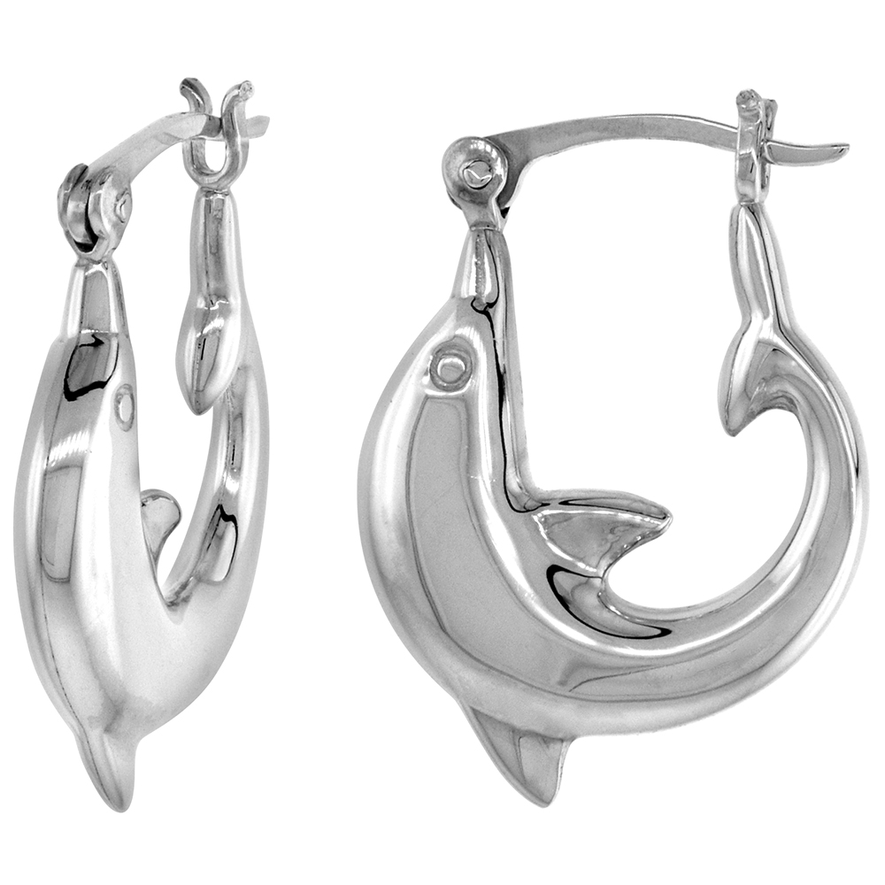 STERLING SILVER SMALL DOLPHIN HOOP EARRINGS FOR WOMEN CLICK TOP HIGH POLISHED 7/8 INCH