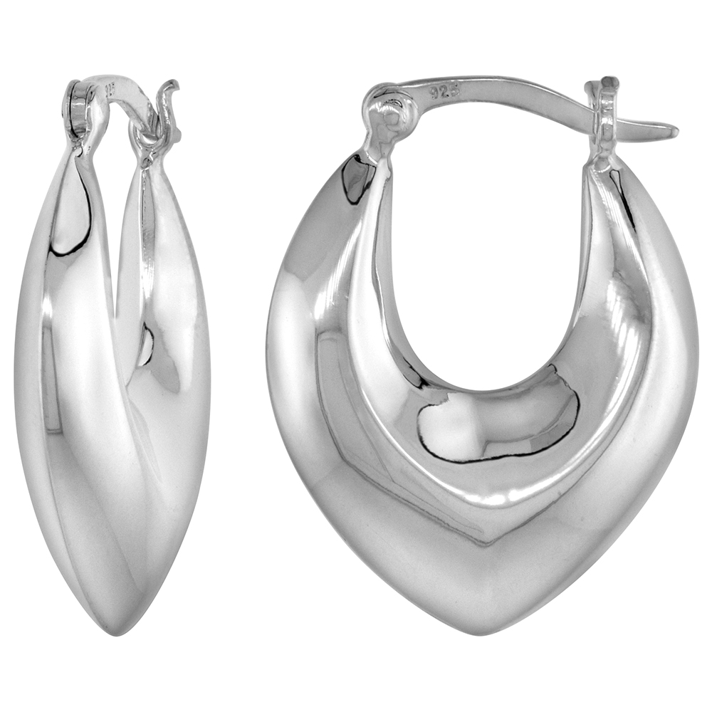 STERLING SILVER PUFFY TRIANGULAR HOOP EARRINGS FOR WOMEN CLICK TOP HIGH POLISHED 1 INCH