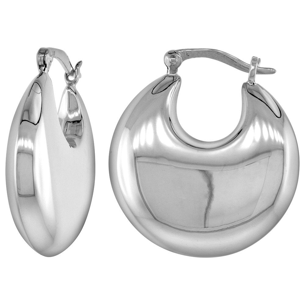 STERLING SILVER ROUND PUFFY HOOP EARRINGS FOR WOMEN CLICK TOP HIGH POLISHED 1 INCH