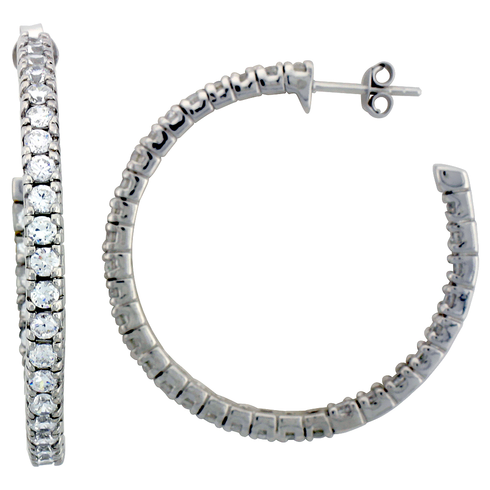 STERLING SILVER HOOP EARRINGS PRONG SET CZ, 1 5/16 IN. 34 MM