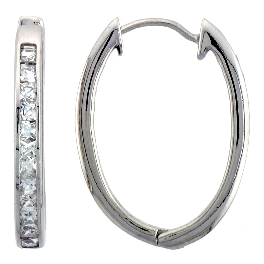 STERLING SILVER OVAL HOOP EARRINGS CHANNEL SET SQUARE CZ, 1 1/16 IN. 27 MM LONG