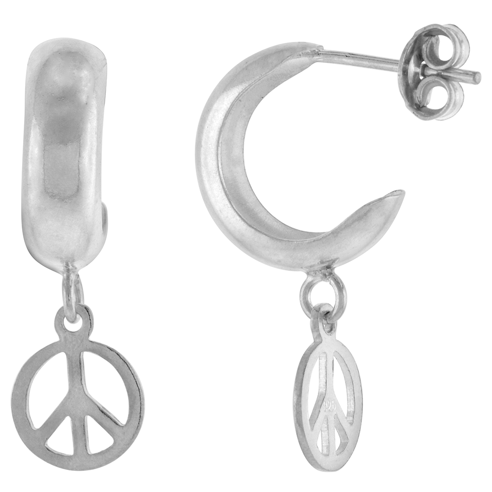 Dainty Sterling Silver Post Hoop Dangling Peace Sign Earrings for Women 1 inch long