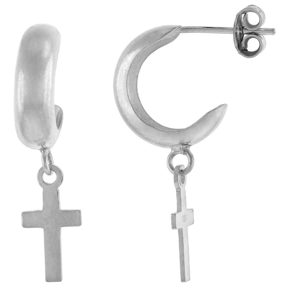 Dainty Sterling Silver Post Hoop Dangling Cross Earrings for Women 1 1/8 inch long
