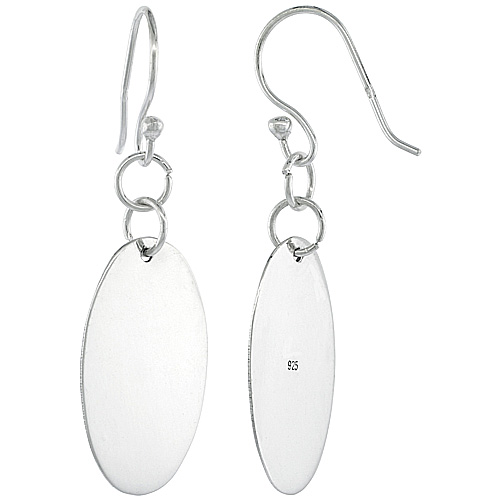 STERLING SILVER OVAL DISC DANGLING EARRINGS HIGH POLISHED, 1 17/32 INCH LONG