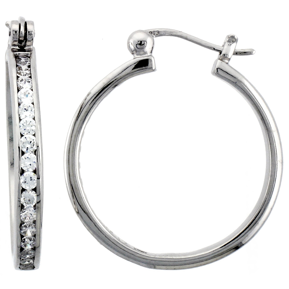 STERLING SILVER HOOP EARRINGS CHANNEL SET CZ, 1 IN. 26 MM