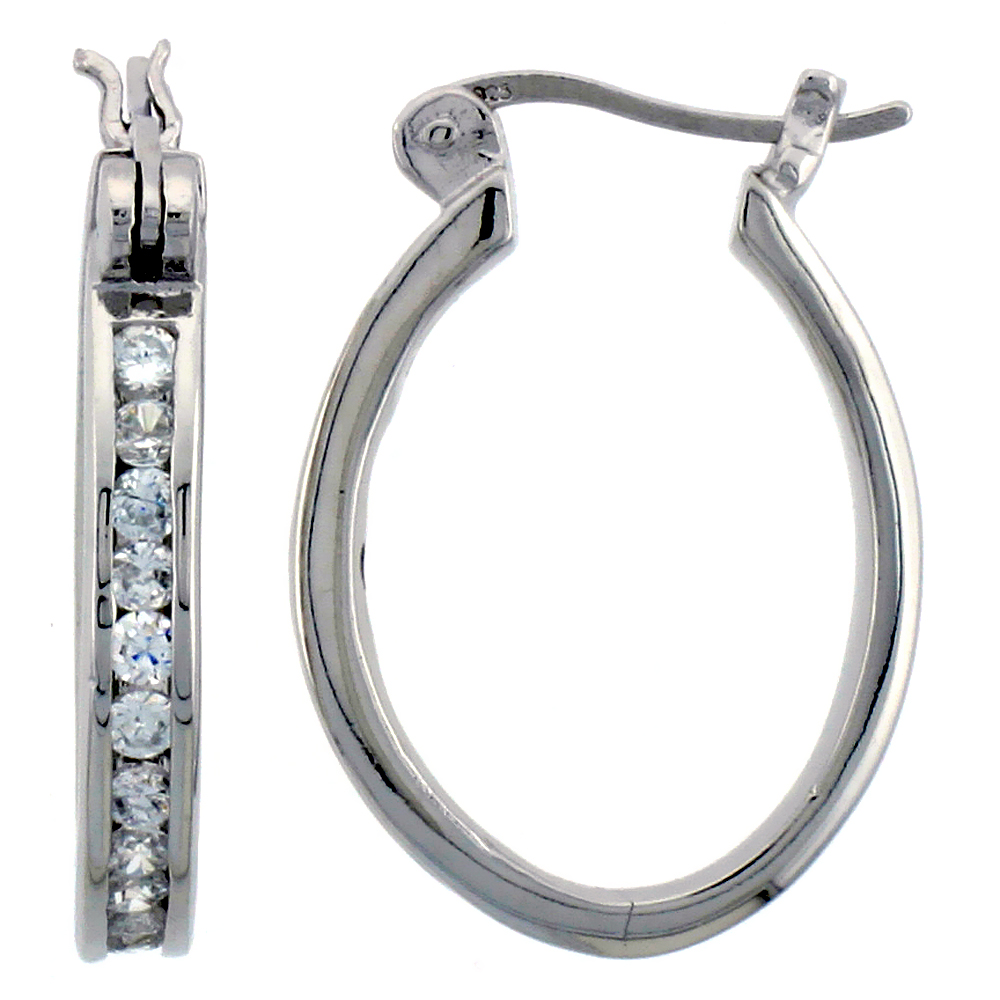 STERLING SILVER HOOP EARRINGS CHANNEL SET CZ, 7/8 IN. 23 MM