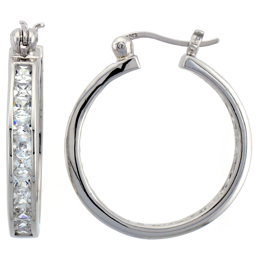 STERLING SILVER HOOP EARRINGS CHANNEL SET CZ, 1 IN. 26 MM