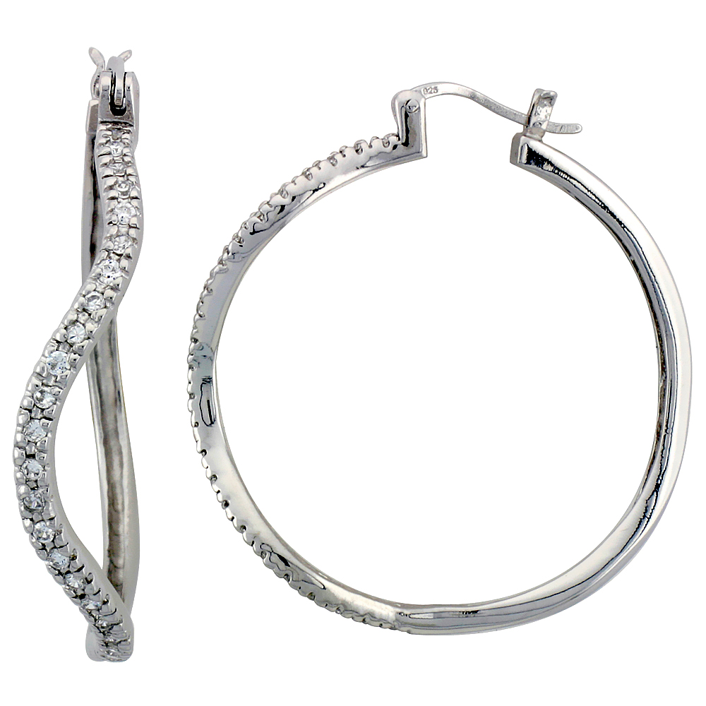 STERLING SILVER HOOP EARRINGS PRONG SET CZ, 1 1/2 IN. 39 MM