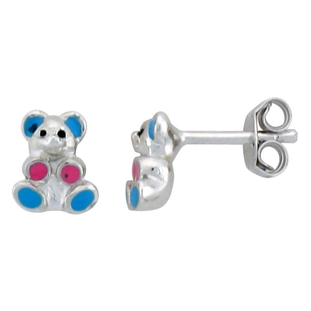 STERLING SILVER CHILD SIZE TEDDY BEAR EARRINGS, W/ BLUE & PINK ENAMEL DESIGN, 1/4" (7 MM) TALL
