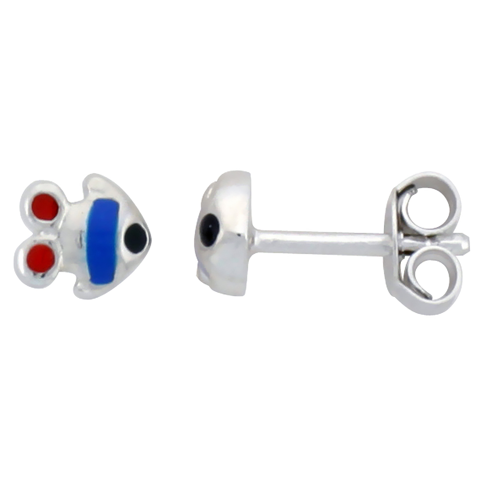 STERLING SILVER CHILD SIZE FISH EARRINGS, W/ BLUE & RED ENAMEL DESIGN, 3/16" (5 MM) TALL