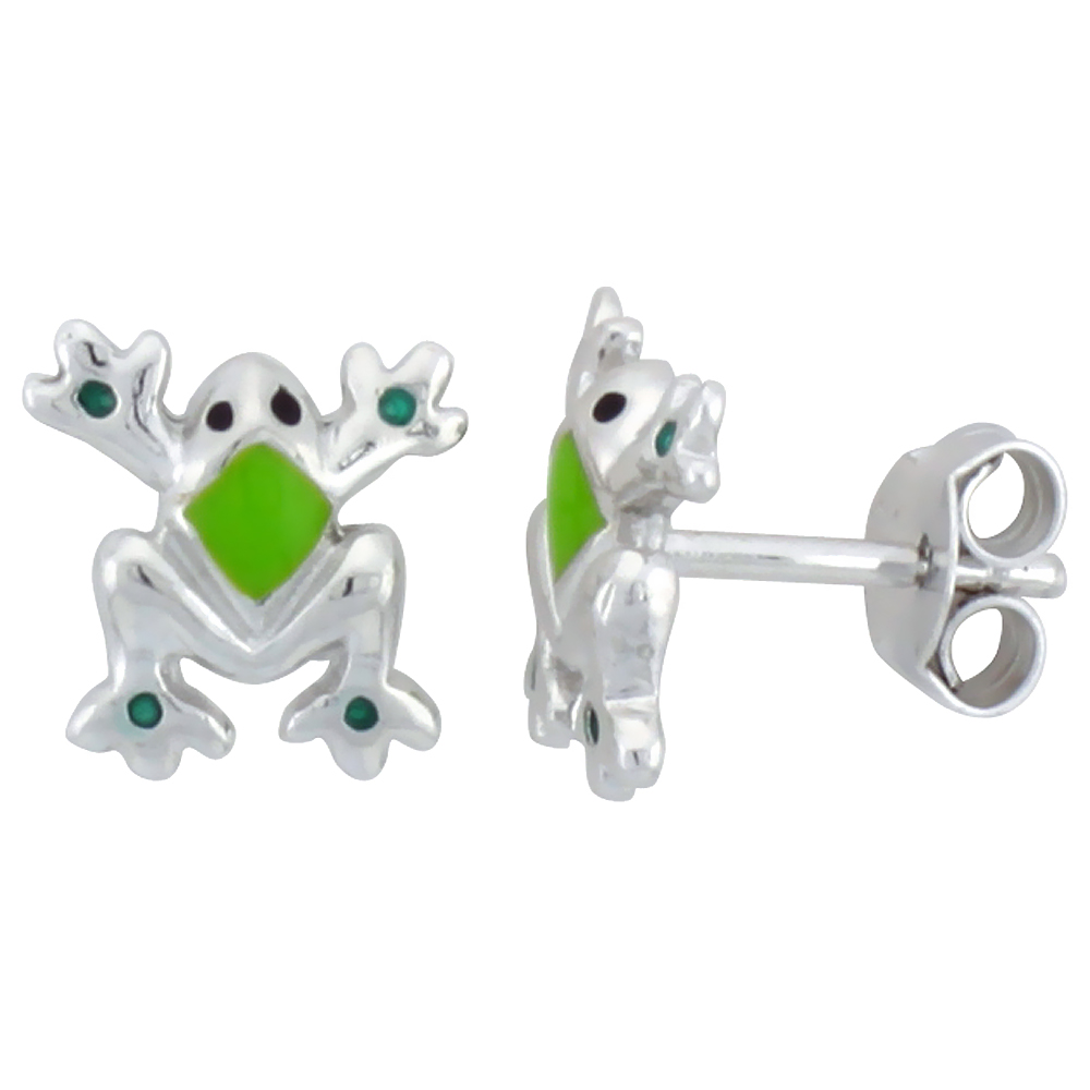 STERLING SILVER CHILD SIZE FROG EARRINGS, W/ GREEN ENAMEL DESIGN, 3/8" (9 MM) TALL