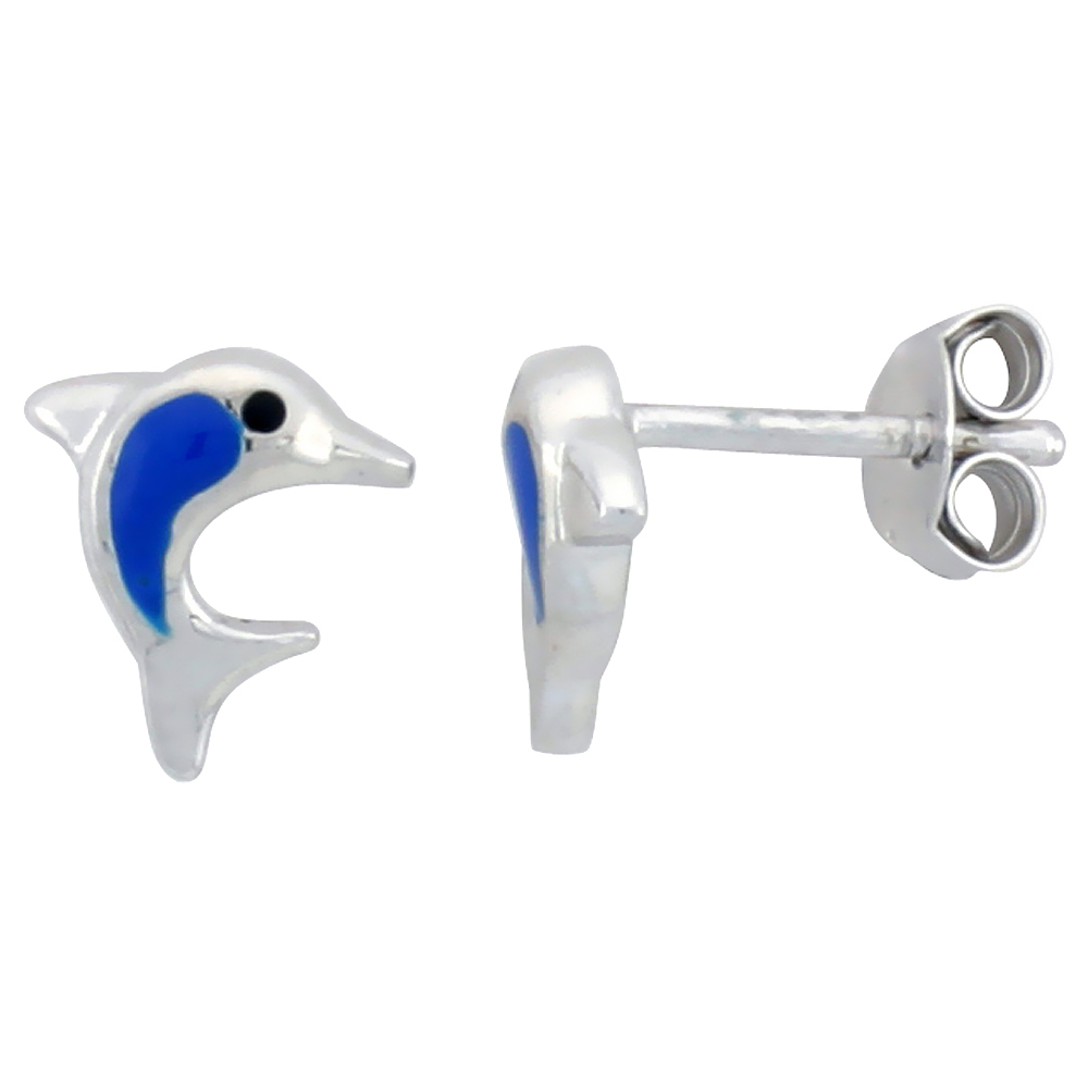 STERLING SILVER CHILD SIZE DOLPHIN EARRINGS, W/ BLUE ENAMEL DESIGN, 1/4" (6 MM) TALL