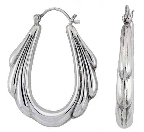 1.5 INCH STERLING SILVER CANDLE DRIP HOOP EARRINGS FOR WOMEN OVAL CLICK TOP HIGH POLISHED