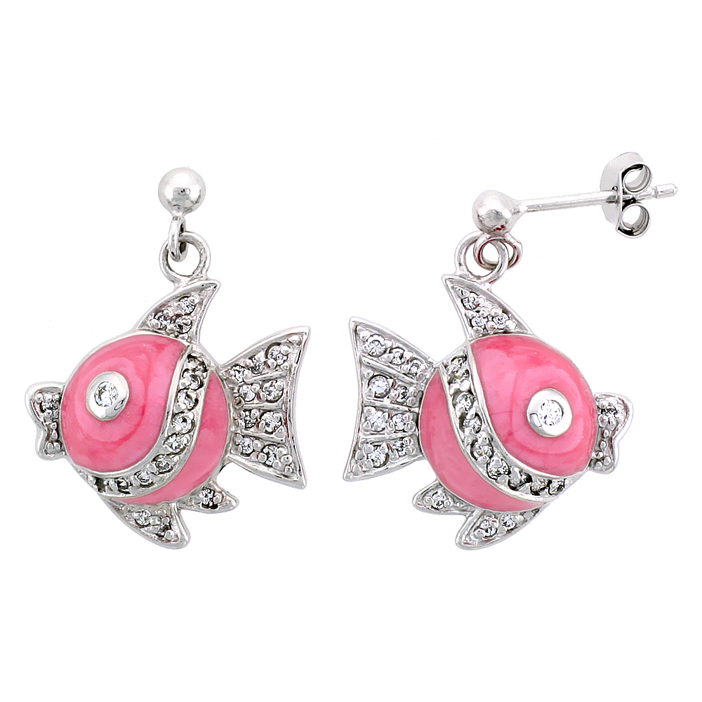 STERLING SILVER JEWELED FISH POST EARRINGS, W/ PINK ENAMEL & CUBIC ZIRCONIA, 1 1/16" (27 MM)