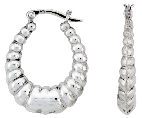 STERLING SILVER SHRIMP HOOP EARRINGS FOR WOMEN FLAT CENTER CLICK TOP HIGH POLISHED 1 INCH