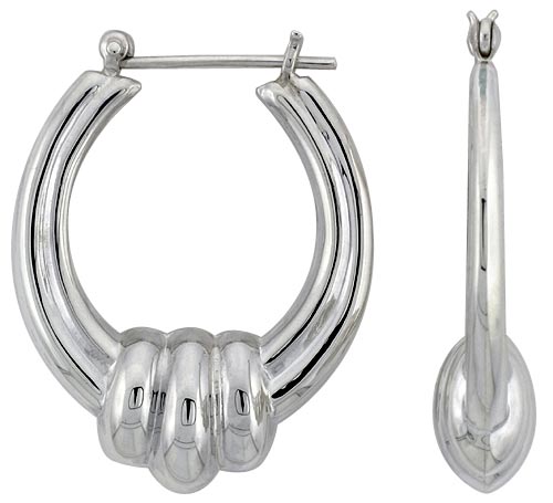 STERLING SILVER 3 RINGS HOOP EARRINGS FOR WOMEN CLICK TOP HIGH POLISHED 1 3/8 INCH