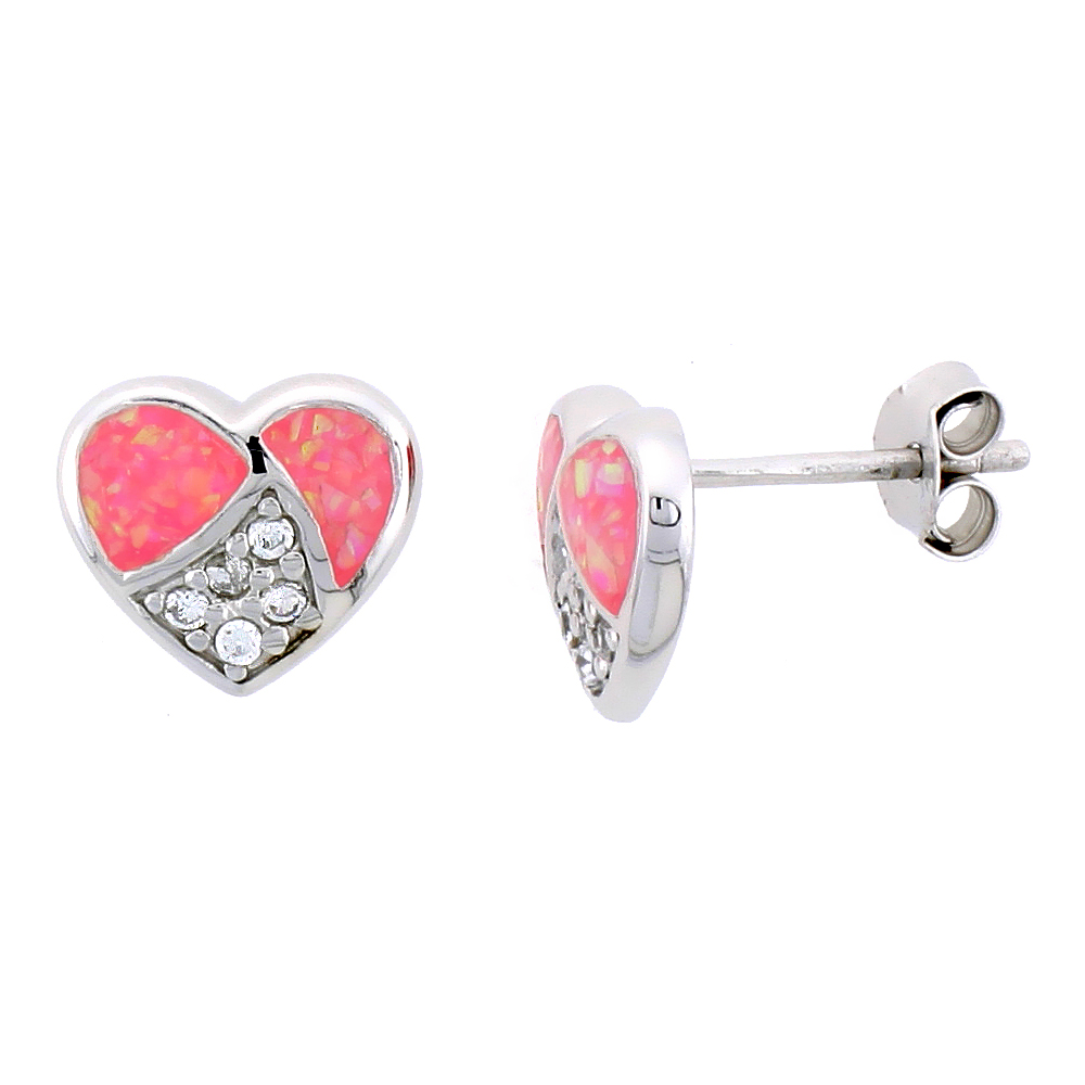 STERLING SILVER HEART POST EARRINGS W/ PINK SYNTHETIC OPAL & CUBIC ZIRCONIA, 3/8 INCH