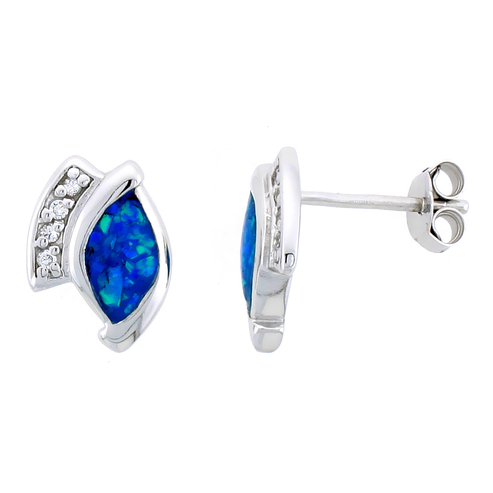 STERLING SILVER POST EARRINGS SYNTHETIC OPAL INLAID & CUBIC ZIRCONIA STONES NAVETTE SHAPED, 1/2 INCH
