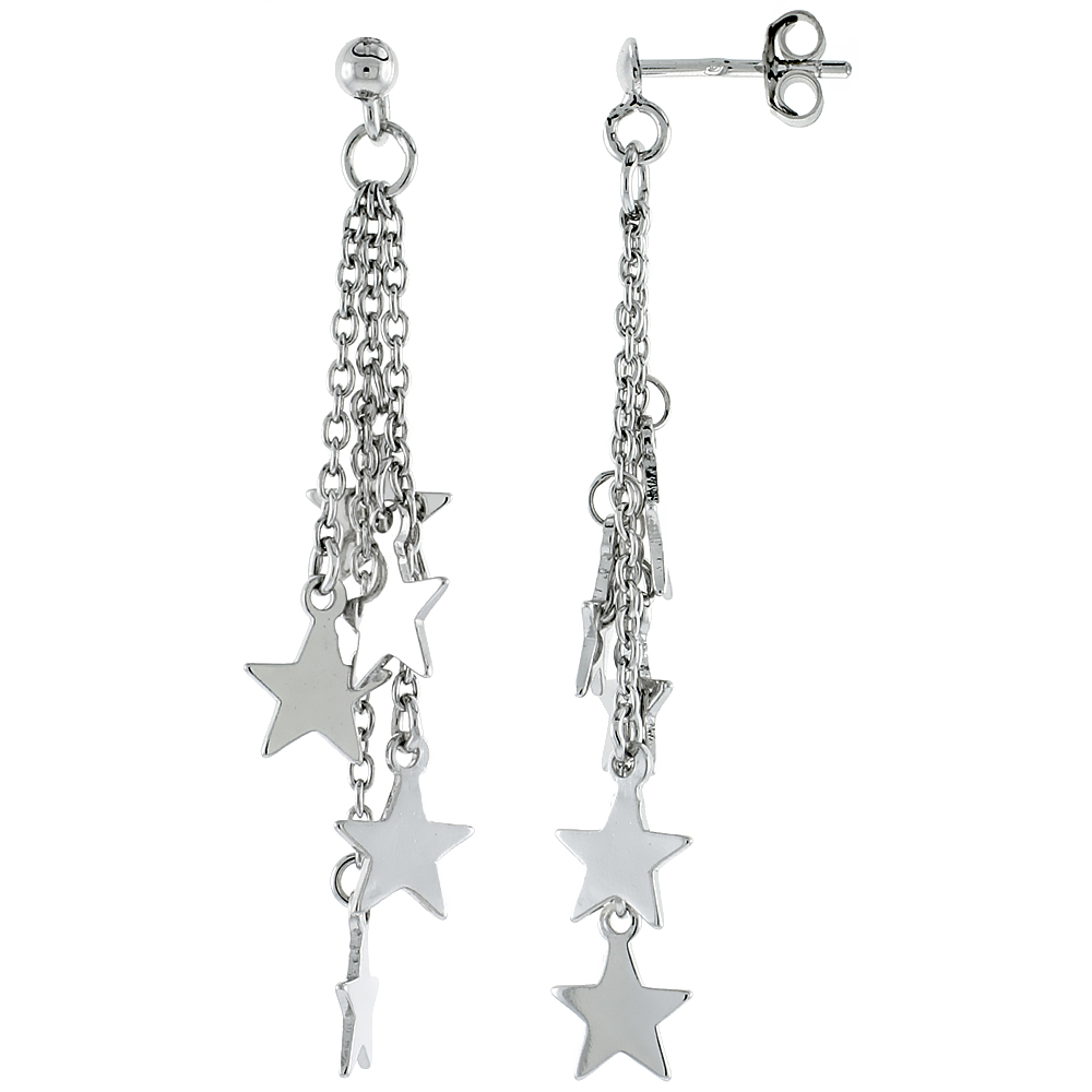 STERLING SILVER DANGLING STARS POST EARRINGS, W/ ROLO CHAIN, 1 5/8 (41 MM)