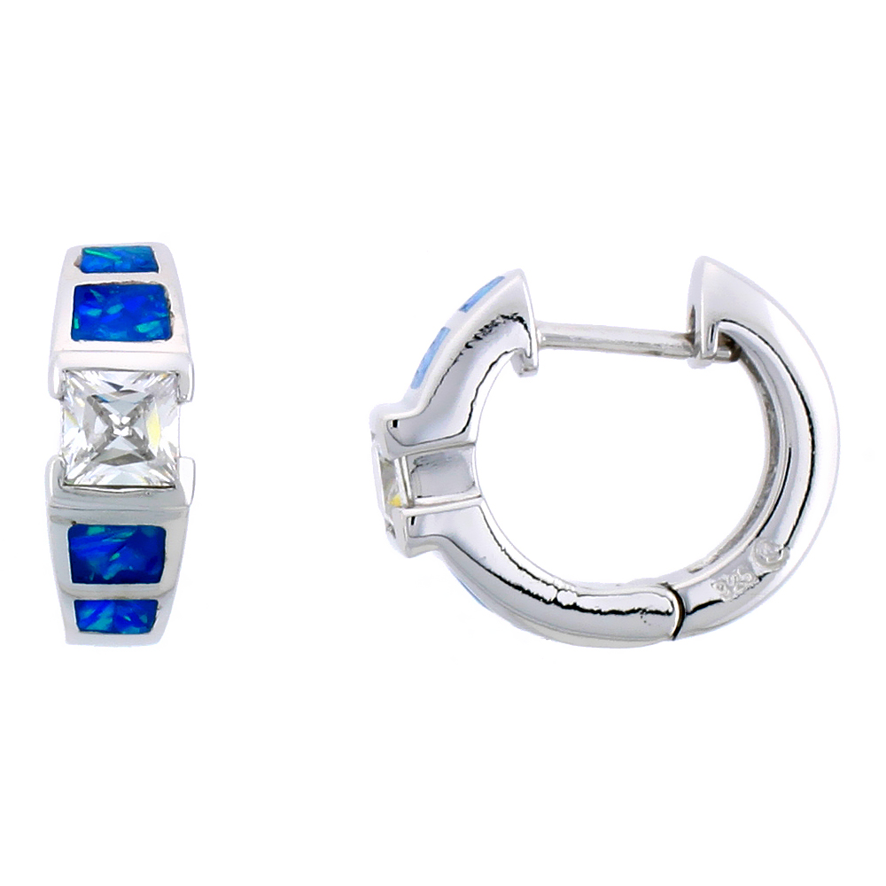 STERLING SILVER HUGGIE EARRINGS SYNTHETIC OPAL INLAY & SQUARE CUBIC ZIRCONIA, 9/16 INCH