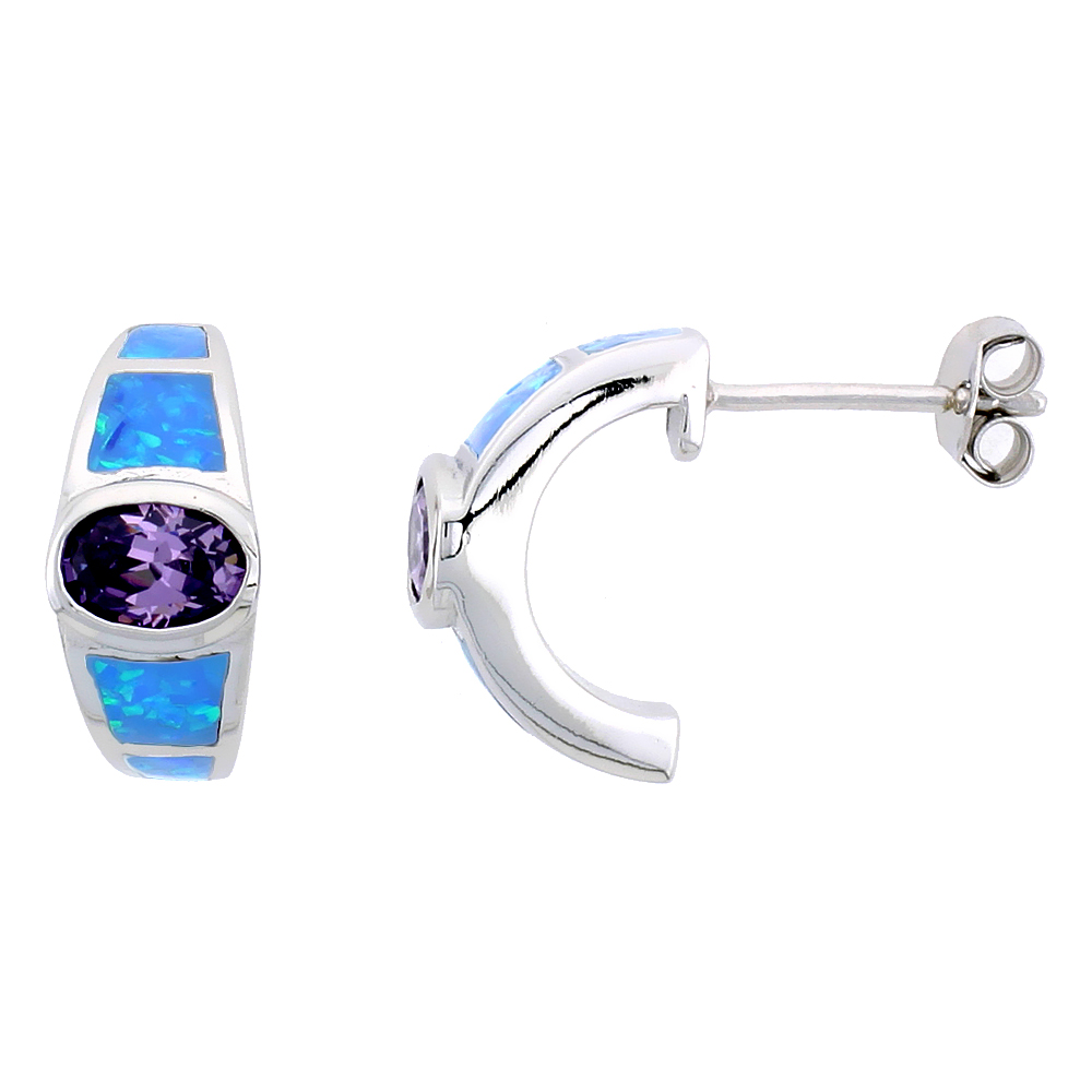 STERLING SILVER SYNTHETIC OPAL POST EARRINGS W/ OVAL AMETHYST CUBIC ZIRCONIA, 5/8 INCH