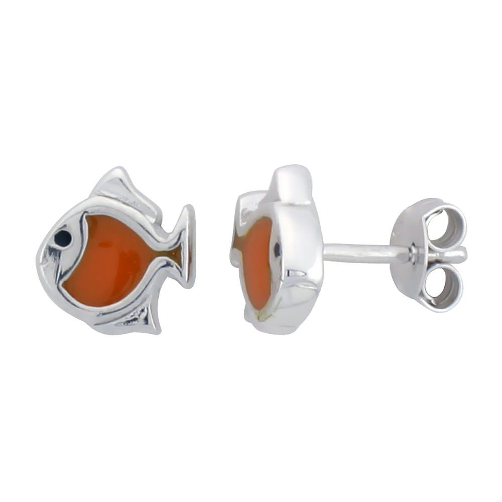 STERLING SILVER CHILD SIZE FISH EARRINGS, W/ ORANGE ENAMEL DESIGN, 5/16" (8 MM) TALL