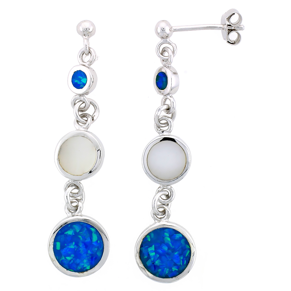 STERLING SILVER 3-STONE DANGLE EARRINGS SYNTHETIC OPAL AND MOTHER OF PEARL INLAY, 1 11/16 INCH