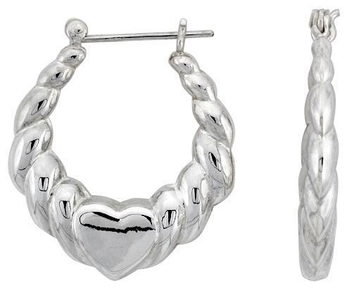 STERLING SILVER HEART HOOP EARRINGS FOR WOMEN SCALLOPED CLICK TOP HIGH POLISHED 1 1/4 INCH