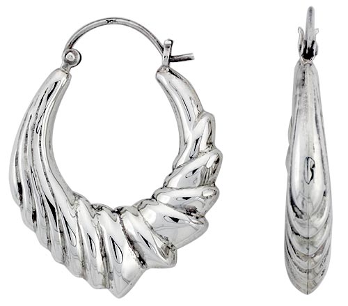 STERLING SILVER UNEVEN SCALLOPED HOOP EARRINGS FOR WOMEN CLICK TOP HIGH POLISHED 1 1/4 INCH