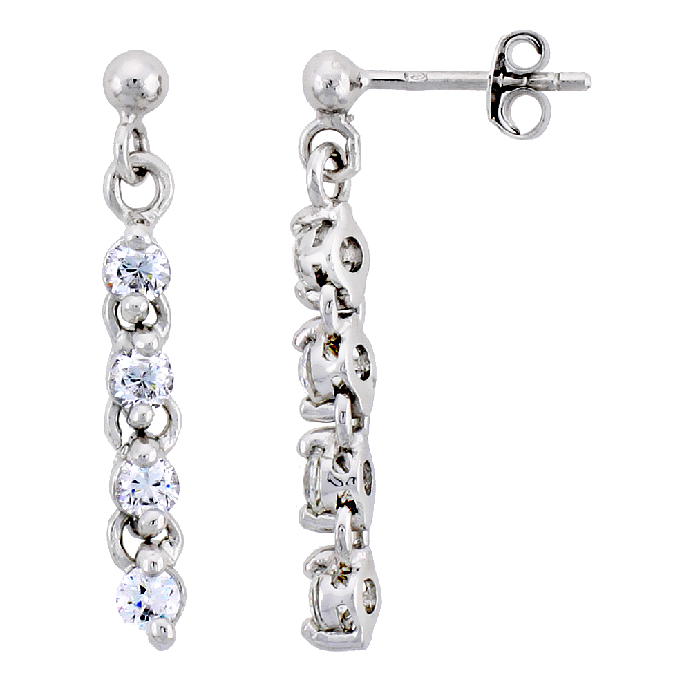 STERLING SILVER JEWELED DANGLING POST EARRINGS, W/ ROUND CUBIC ZIRCONIA, 1 1/8" (28 MM)