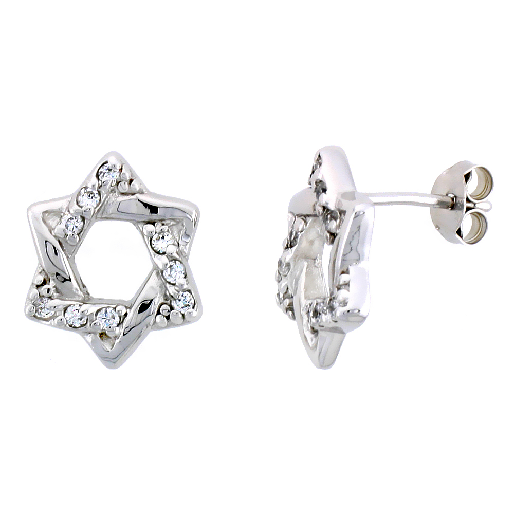 STERLING SILVER JEWELED STAR-OF-DAVID POST EARRINGS, W/ CUBIC ZIRCONIA STONES, 9/16" (14 MM)