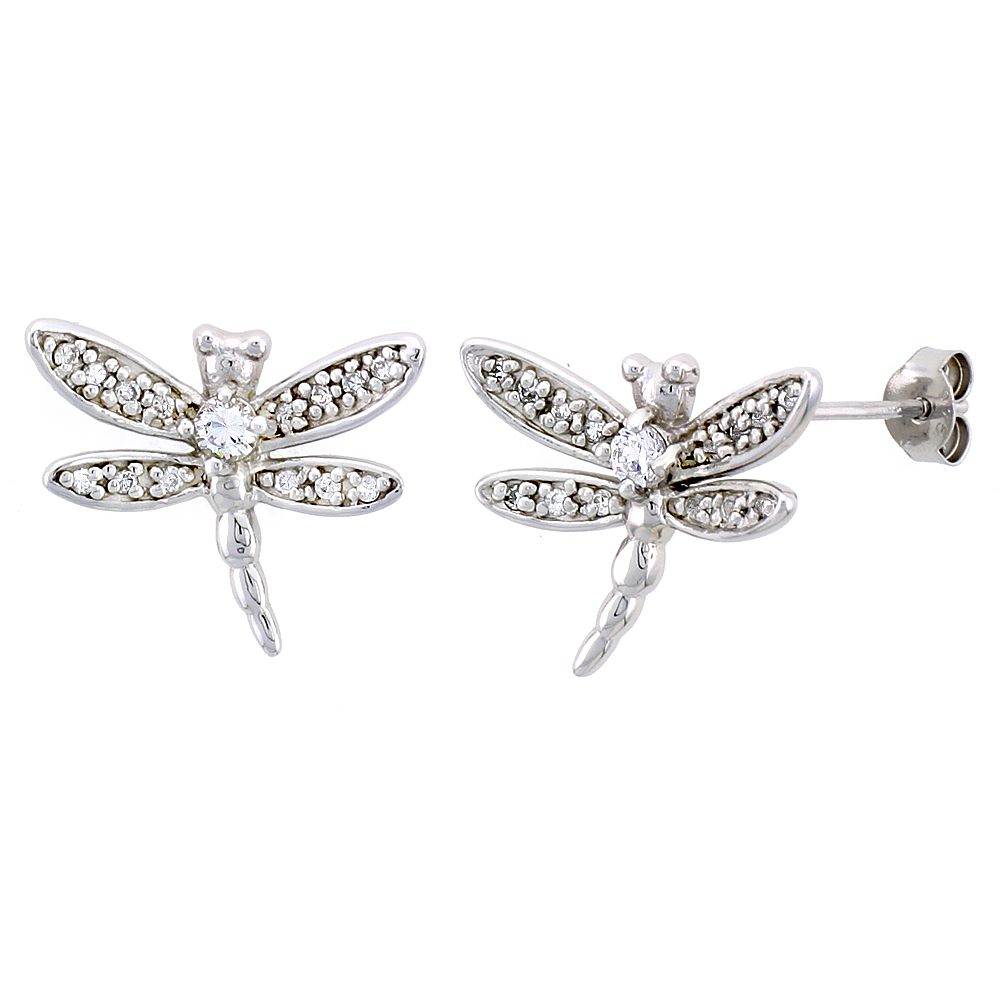 STERLING SILVER JEWELED DRAGONFLY POST EARRINGS, W/ CUBIC ZIRCONIA STONES, 3/4" (19 MM)