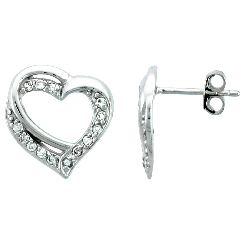 STERLING SILVER JEWELED HEART POST EARRINGS, W/ CUBIC ZIRCONIA STONES, 9/16 (15 MM)