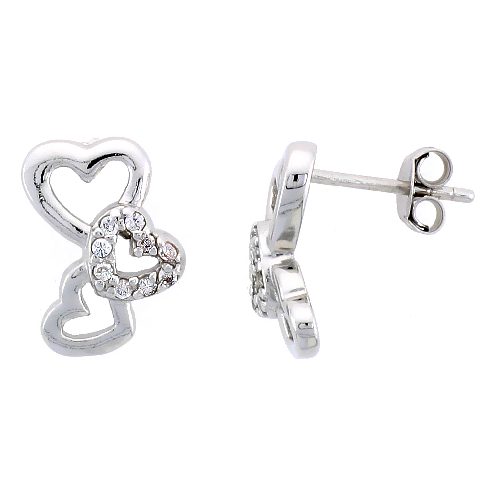 STERLING SILVER JEWELED HEARTS POST EARRINGS, W/ CUBIC ZIRCONIA STONES, 11/16" (18 MM)