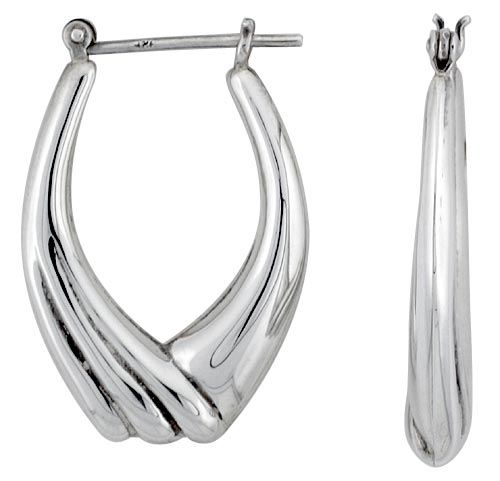 STERLING SILVER HALF SCALLOPED HOOP EARRINGS FOR WOMEN CLICK TOP HIGH POLISHED 1 1/4 INCH