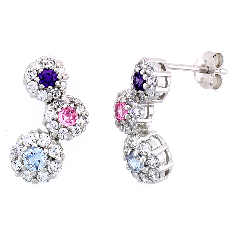 STERLING SILVER GRADUATED FLOWER EARRINGS W/ BRILLIANT CUT AMETHYST-COLORED, PINK TOURMALINE-COLORED & BLUE TOPAZ-COLORED CZ STONES, 3/4" (19 MM) TALL
