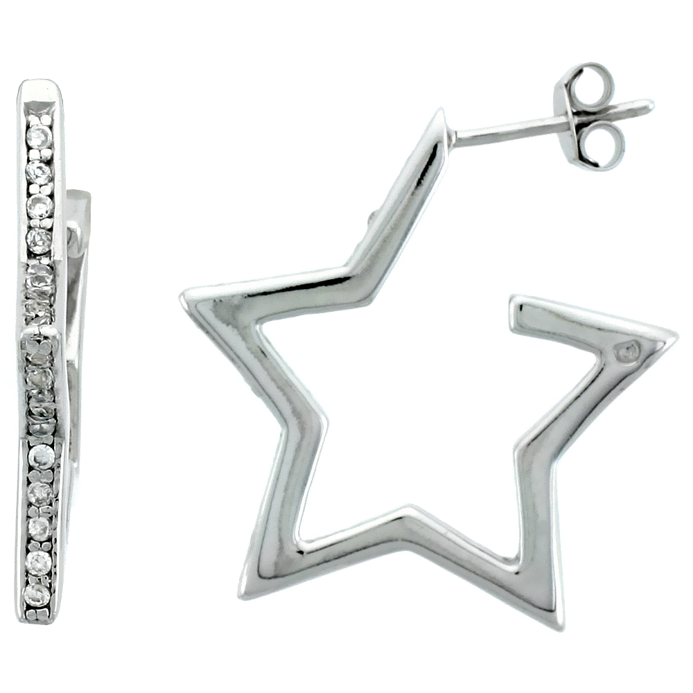 STERLING SILVER JEWELED STAR POST EARRINGS, W/ CUBIC ZIRCONIA STONES, 15/16" (24 MM)