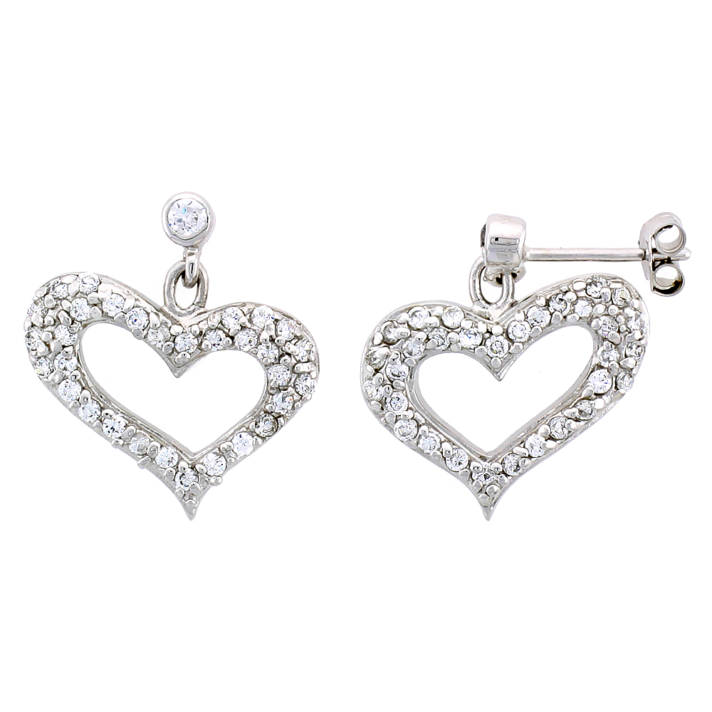 STERLING SILVER JEWELED HEART POST EARRINGS, W/ CUBIC ZIRCONIA STONES, 7/8" (22 MM)