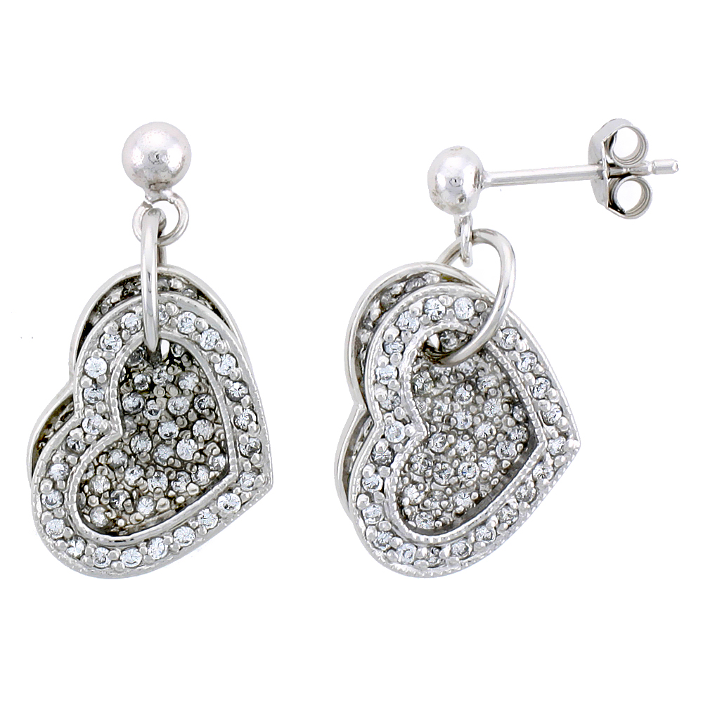STERLING SILVER JEWELED HEART POST EARRINGS, W/ CUBIC ZIRCONIA STONES, 11/16" (17 MM)
