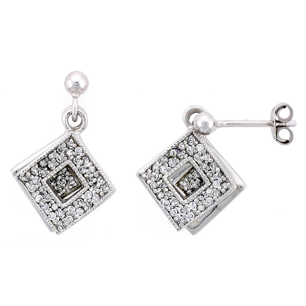 STERLING SILVER JEWELED DIAMOND-SHAPED POST EARRINGS, W/ CUBIC ZIRCONIA STONES, 11/16" (17 MM)