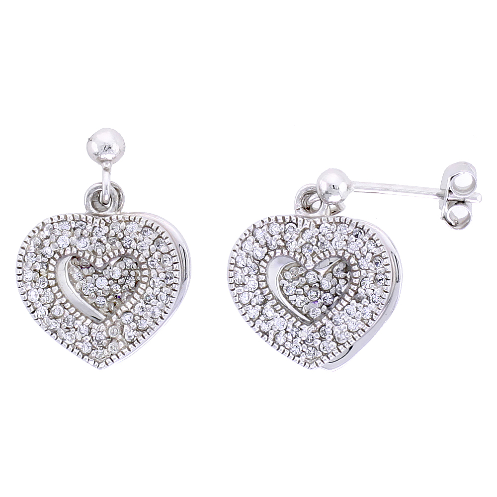STERLING SILVER JEWELED HEART POST EARRINGS W/ CUBIC ZIRCONIA STONES, 5/8" (16 MM)