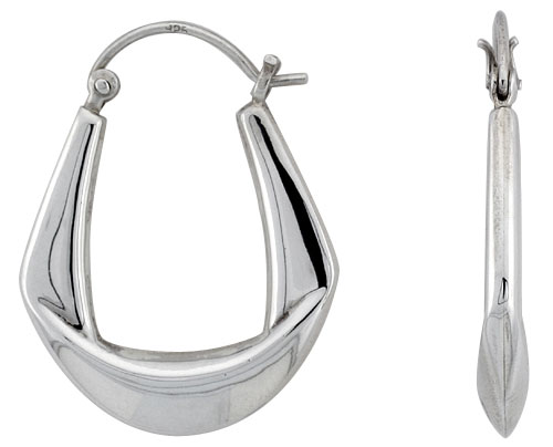 STERLING SILVER CRINKLED HOOP EARRINGS FOR WOMEN OVAL CLICK TOP HIGH POLISHED 1 1/8 INCH