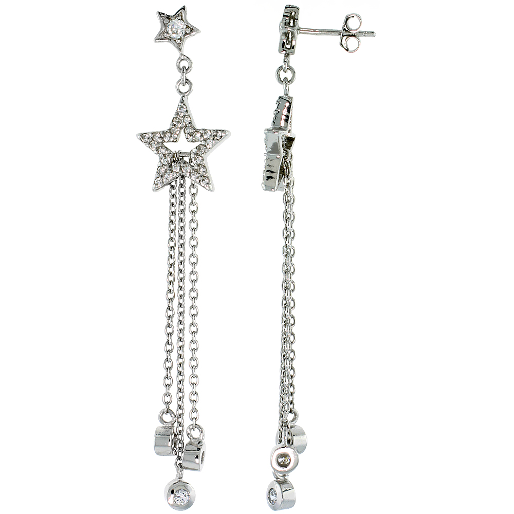 STERLING SILVER JEWELED STAR POST EARRINGS, W/ CUBIC ZIRCONIA STONES, 2 9/16 (65 MM)