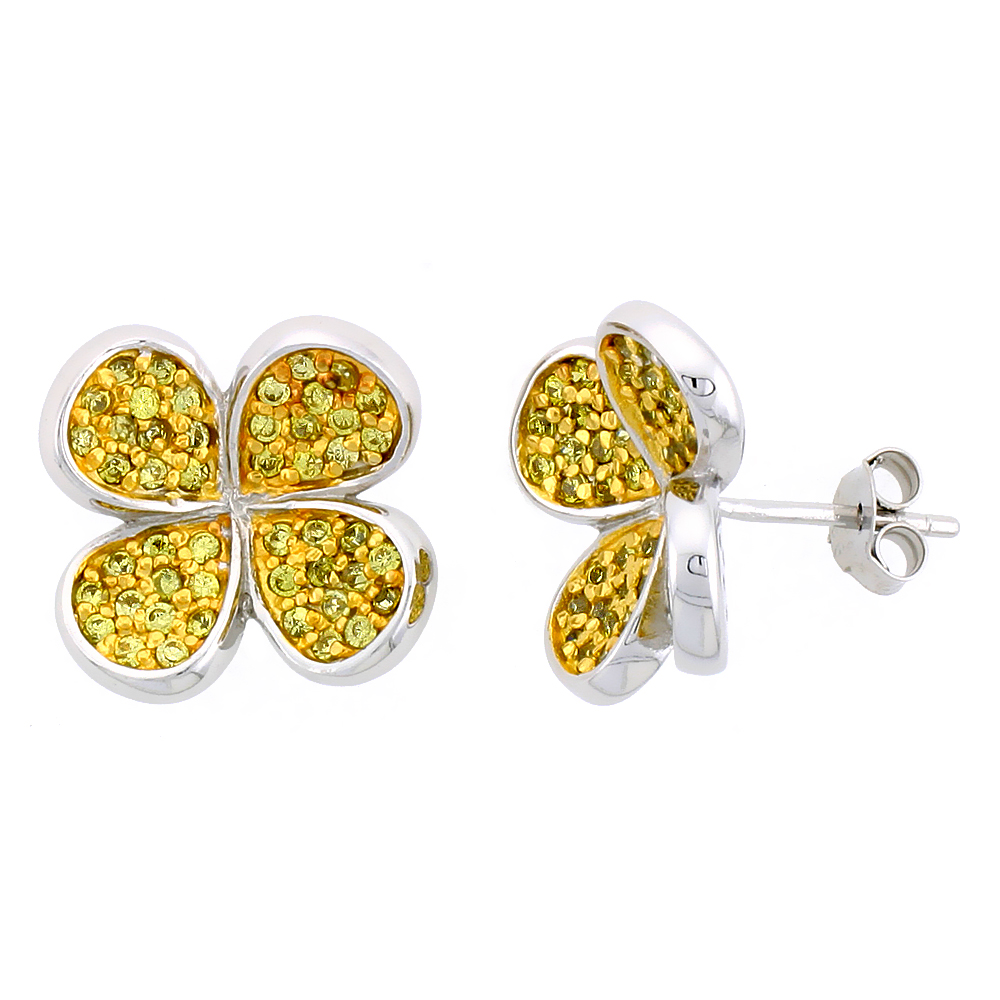 STERLING SILVER CLOVER FLOWER STUD EARRINGS W/ BRILLIANT CUT YELLOW TOPAZ-COLORED CZ STONES, 5/8" (16 MM) TALL