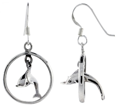 STERLING SILVER DOLPHIN-THRU-HOOP EARRINGS 13/16 INCH